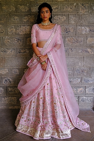 Pink Silk Chanderi Floral Motif Embroidered Lehenga Set by Bruhi pant