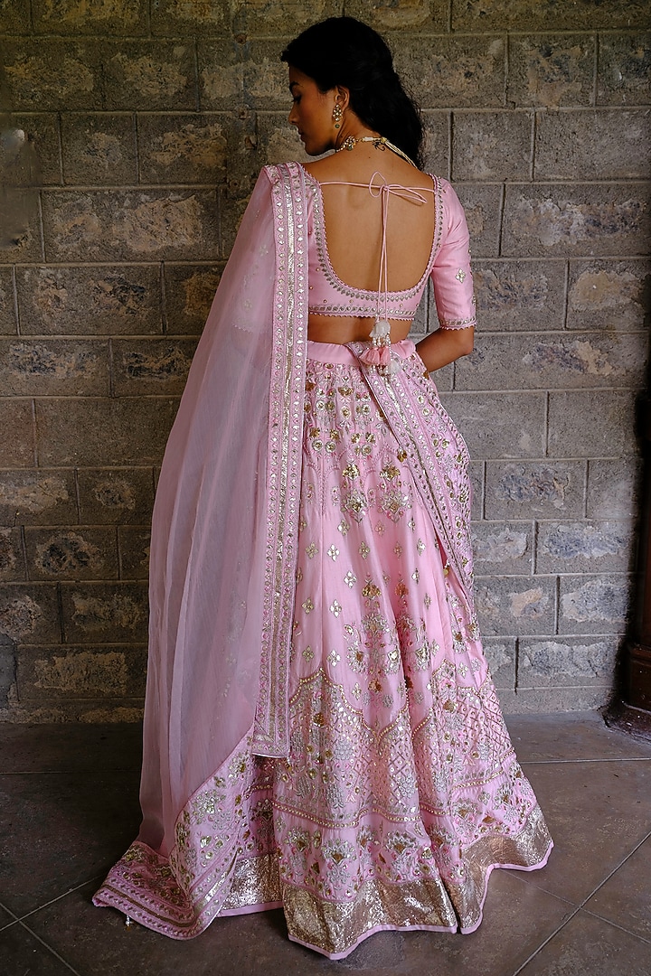Pink Silk Chanderi Floral Motif Embroidered Wedding Lehenga Set by Bruhi pant at Pernia's Pop Up Shop