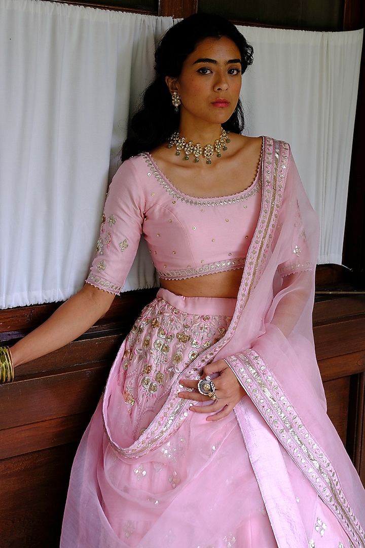 Pink Silk Chanderi Floral Motif Embroidered Wedding Lehenga Set by Bruhi pant at Pernia's Pop Up Shop