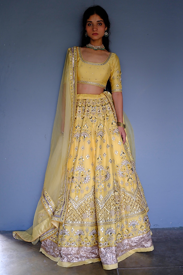 Yellow Silk Chanderi Floral Motif Embroidered Wedding Lehenga Set by Bruhi pant at Pernia's Pop Up Shop