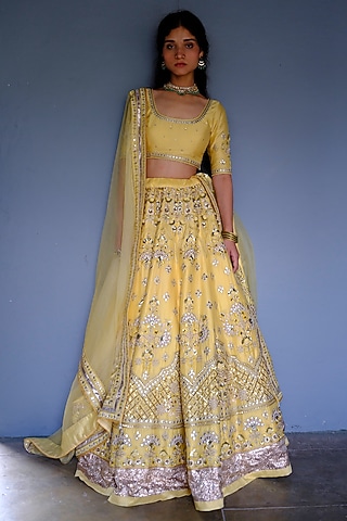 Yellow Silk Chanderi Floral Motif Embroidered Lehenga Set by Bruhi pant