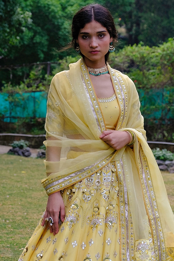 Yellow Silk Chanderi Floral Motif Embroidered Wedding Lehenga Set by Bruhi pant at Pernia's Pop Up Shop