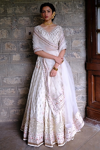 Ivory Silk Chanderi Jaal Embroidered Lehenga Set by Bruhi pant
