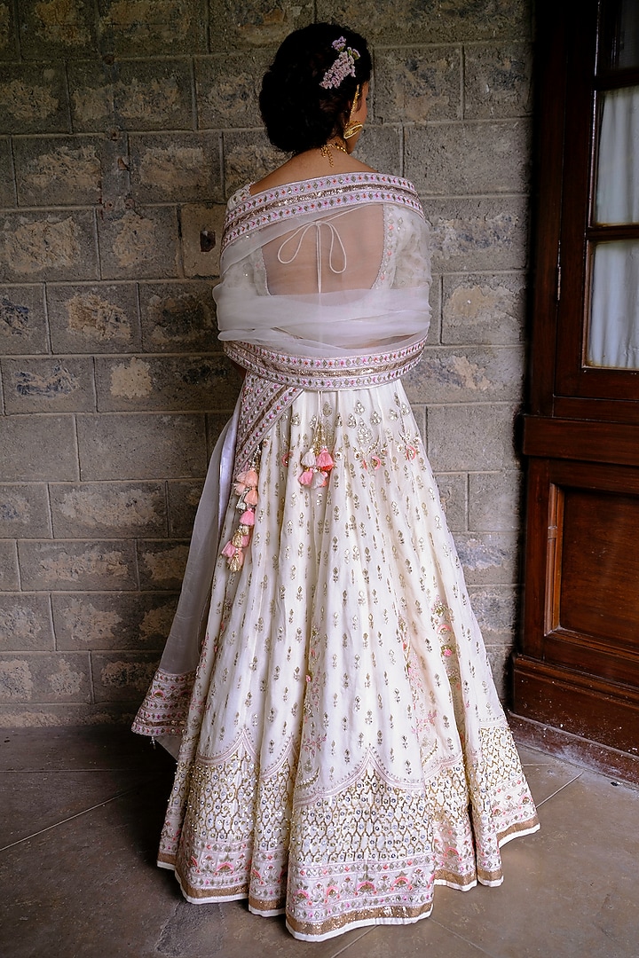 Ivory Silk Chanderi Jaal Embroidered Wedding Lehenga Set by Bruhi pant at Pernia's Pop Up Shop