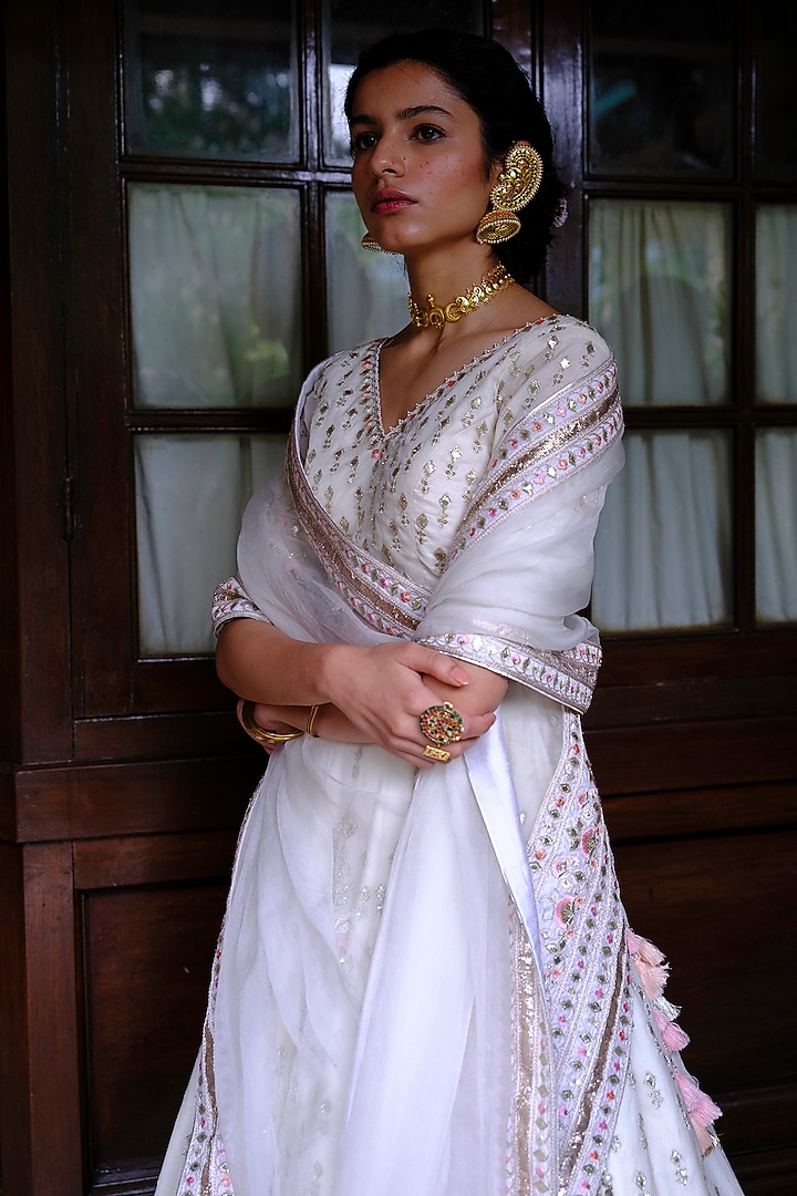 Ivory Silk Chanderi Jaal Embroidered Wedding Lehenga Set by Bruhi pant at Pernia's Pop Up Shop