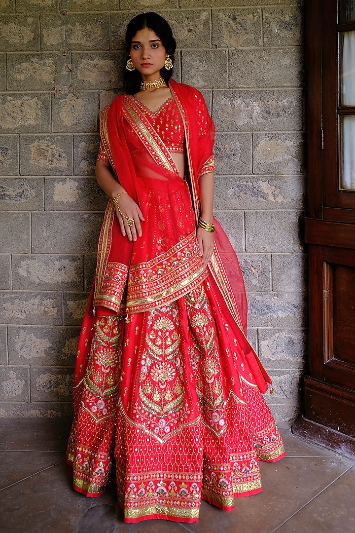 Red Silk Chanderi Gota Embroidered Wedding Lehenga Set by Bruhi pant at Pernia's Pop Up Shop