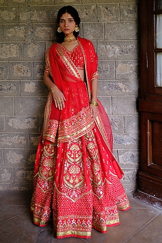 Red Silk Chanderi Gota Embroidered Lehenga Set by Bruhi pant