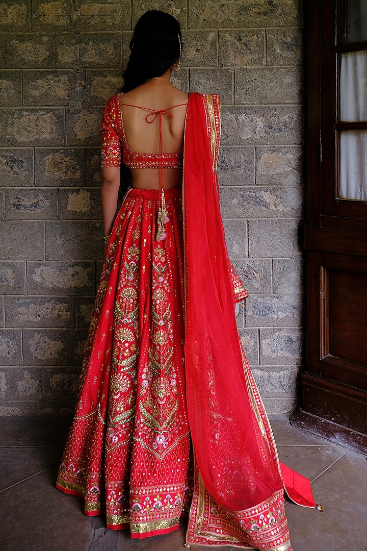 Red Silk Chanderi Gota Embroidered Wedding Lehenga Set by Bruhi pant at Pernia's Pop Up Shop