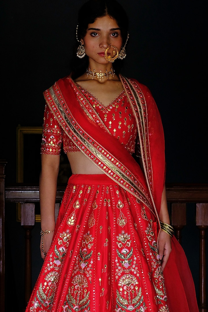 Red Silk Chanderi Gota Embroidered Wedding Lehenga Set by Bruhi pant at Pernia's Pop Up Shop