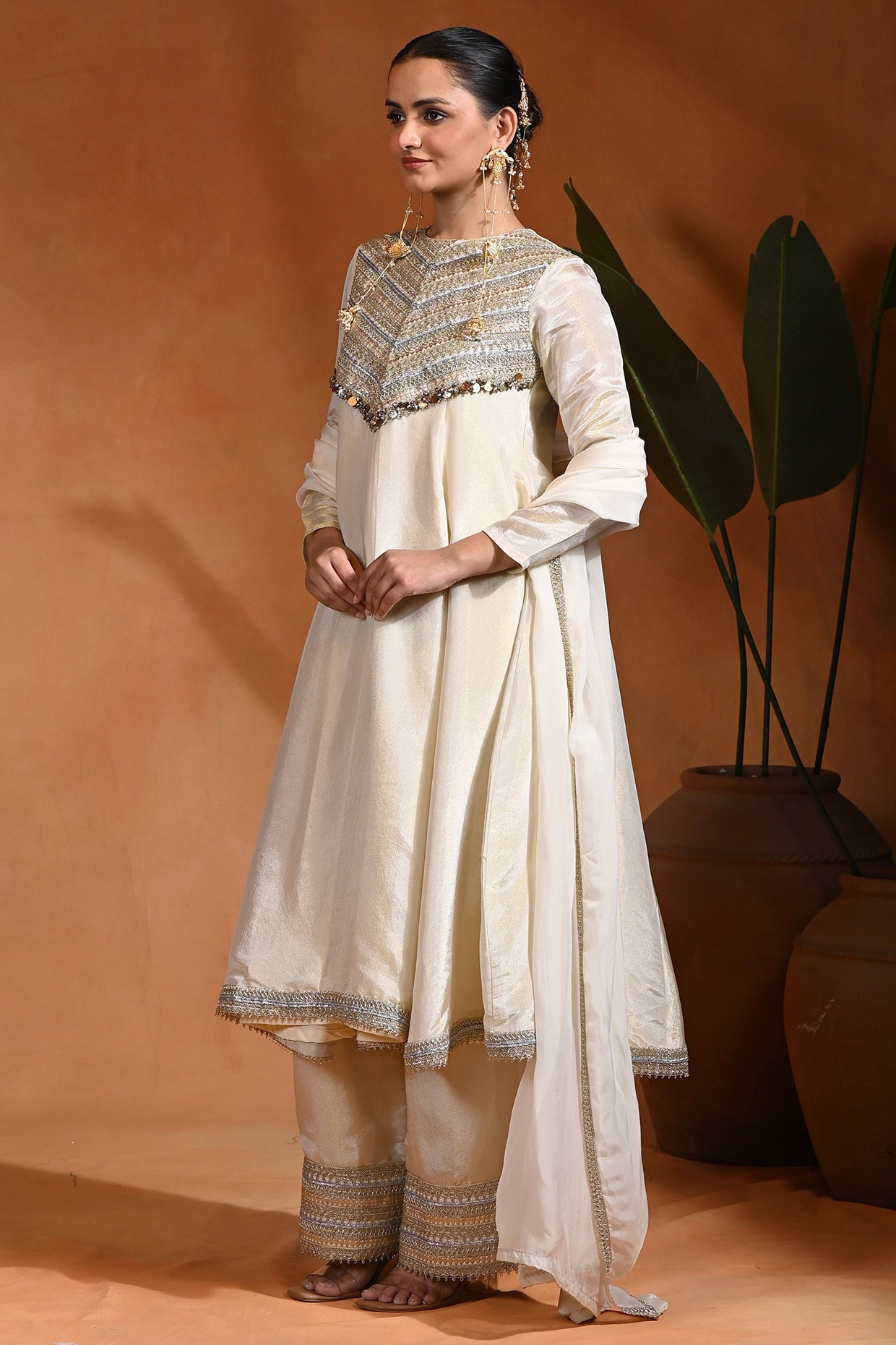 Rishi & Vibhuti Ivory Tissue Silk Anarkali Set