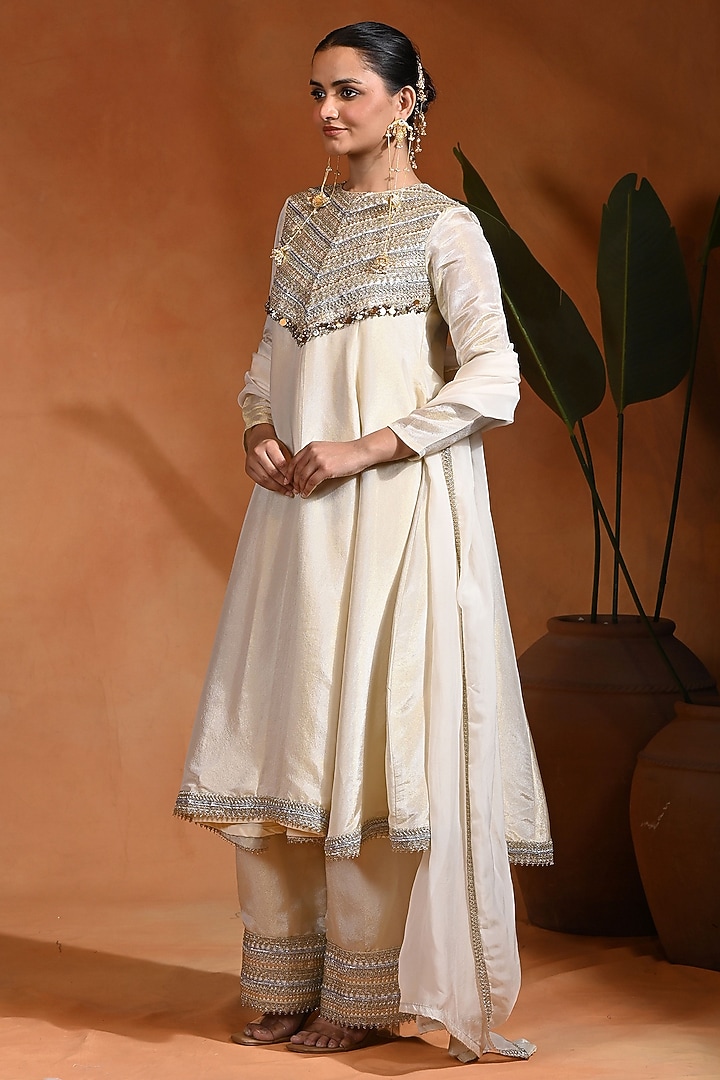 Ivory Tissue Silk Wedding Anarkali Set by Rishi & Vibhuti at Pernia's Pop Up Shop