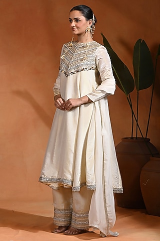 Ivory Tissue Silk Anarkali Set by Rishi & Vibhuti