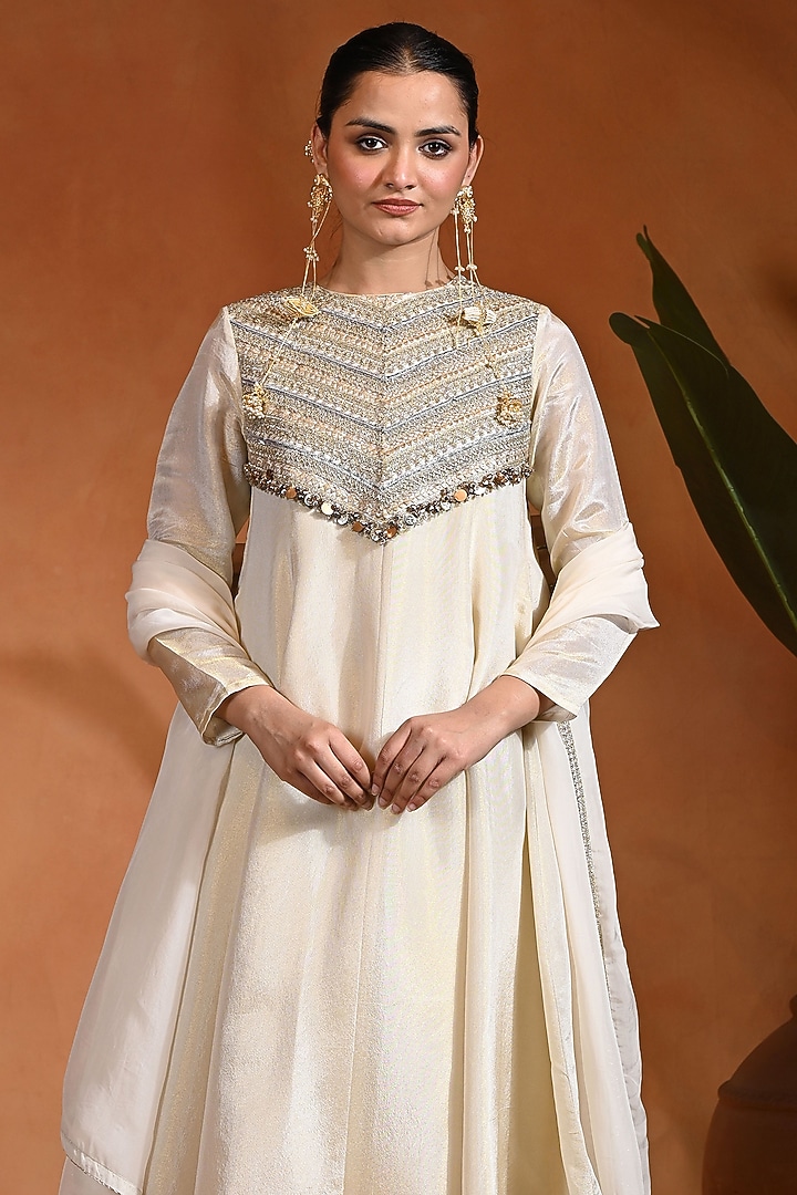 Ivory Tissue Silk Wedding Anarkali Set by Rishi & Vibhuti at Pernia's Pop Up Shop