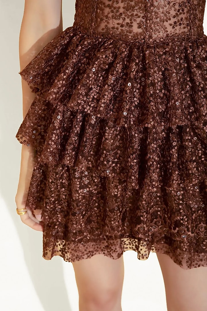 Brown Net Machine Embroidered Summer Dress by TORQADORN at Pernia's Pop Up Shop