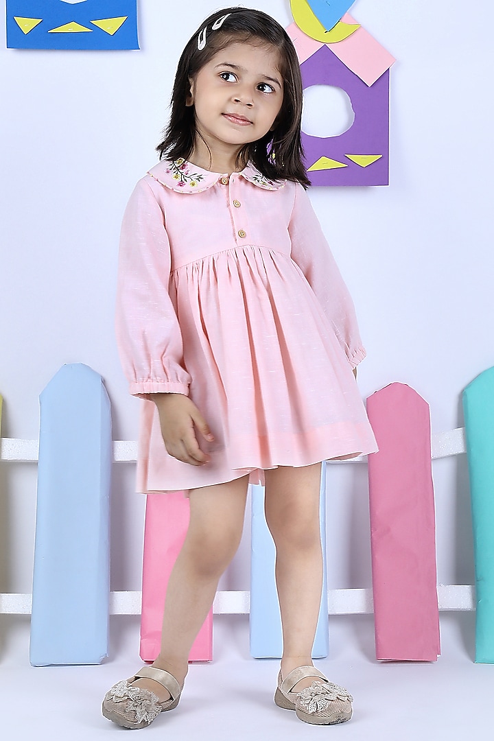 Peach Embroidered Dress For Girls by Bagichi at Pernia's Pop Up Shop