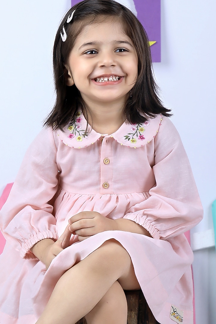 Peach Embroidered Dress For Girls by Bagichi at Pernia's Pop Up Shop