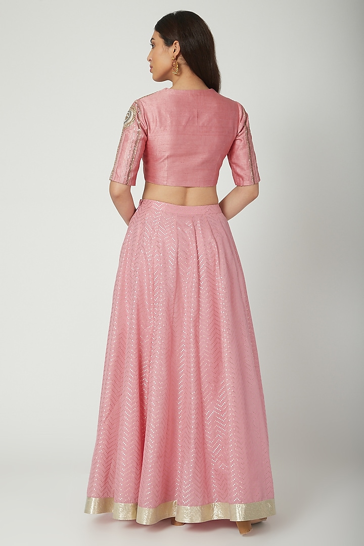 Blush Pink Embroidered Crop Top With Skirt by Breathe By Aakanksha Singh at Pernia's Pop Up Shop