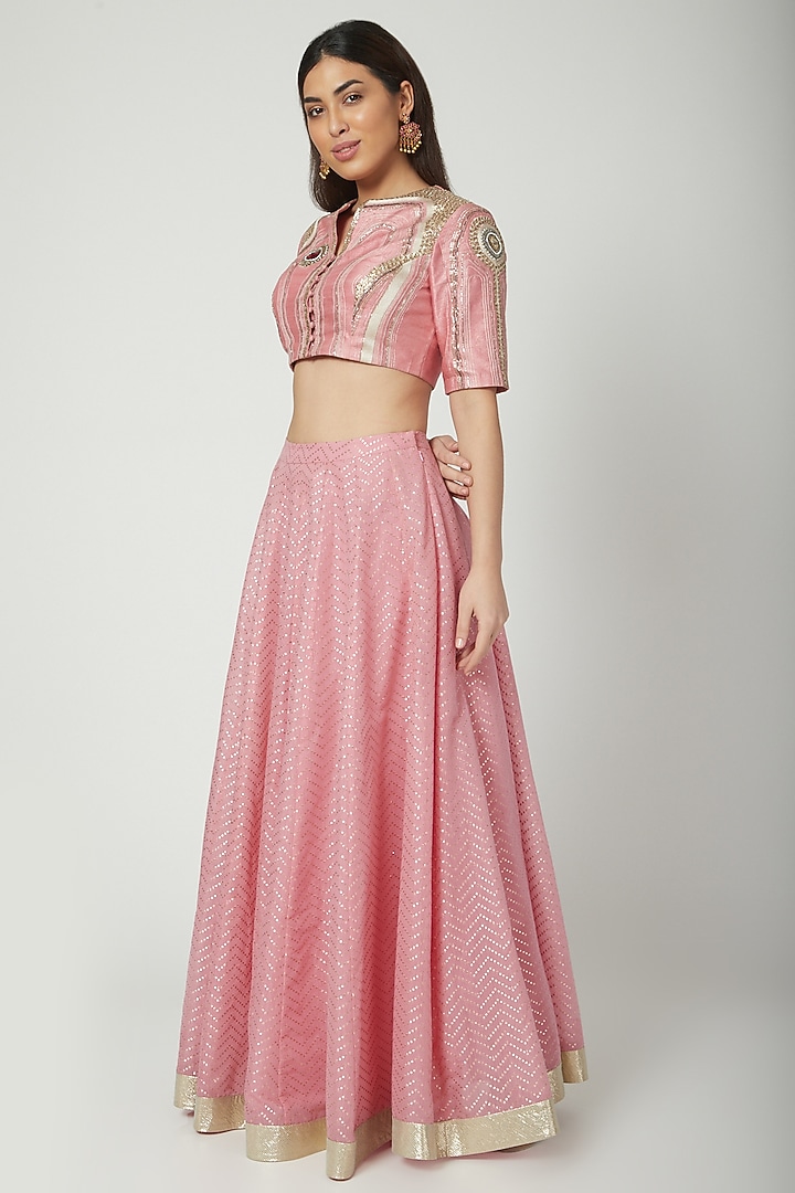 Blush Pink Embroidered Crop Top With Skirt by Breathe By Aakanksha Singh at Pernia's Pop Up Shop