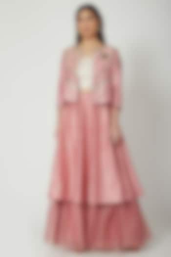 Blush Pink Raw Silk & Organza Layered Skirt Set by Breathe By Aakanksha Singh
