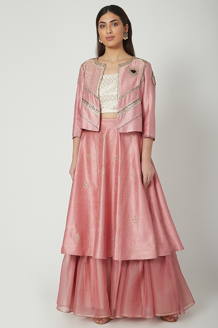 Blush Pink Raw Silk & Organza Layered Skirt Set by Breathe By Aakanksha Singh