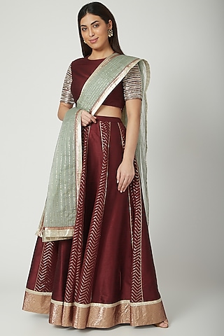 Wine Embroidered Lehenga Set by Breathe By Aakanksha Singh