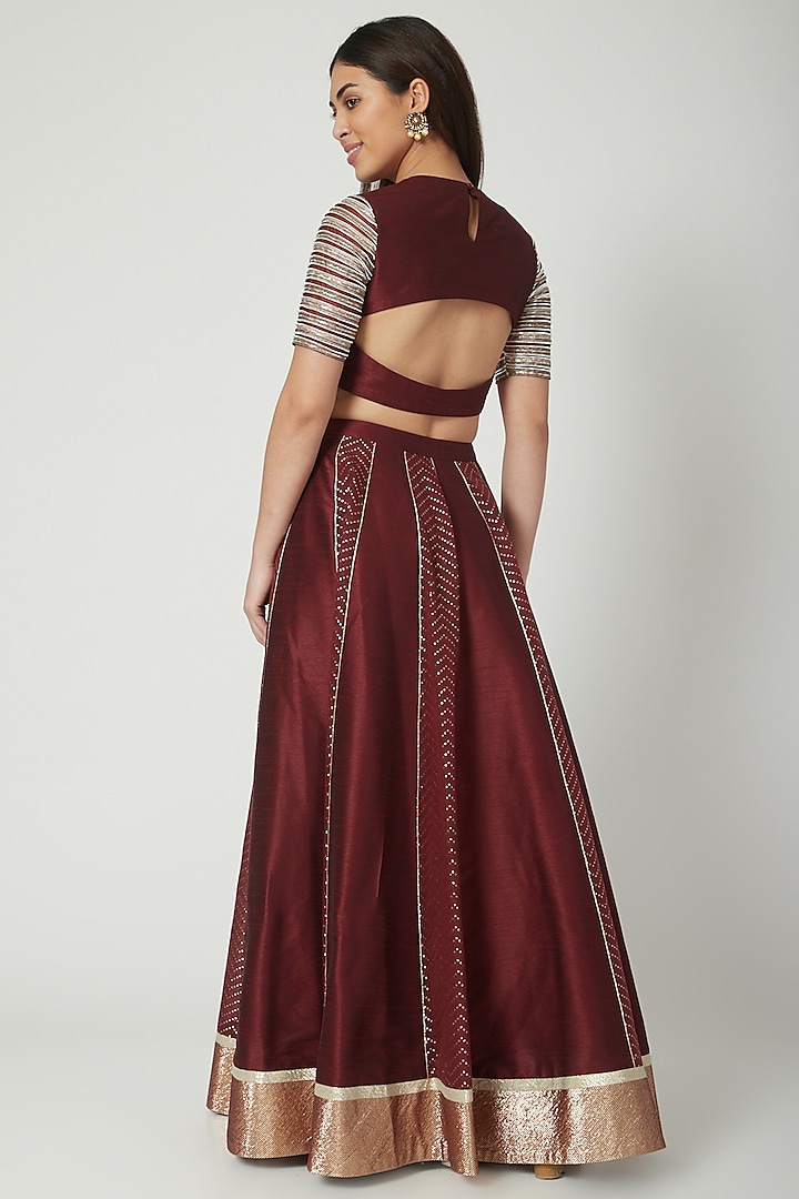 Wine Embroidered Wedding Lehenga Set by Breathe By Aakanksha Singh at Pernia's Pop Up Shop