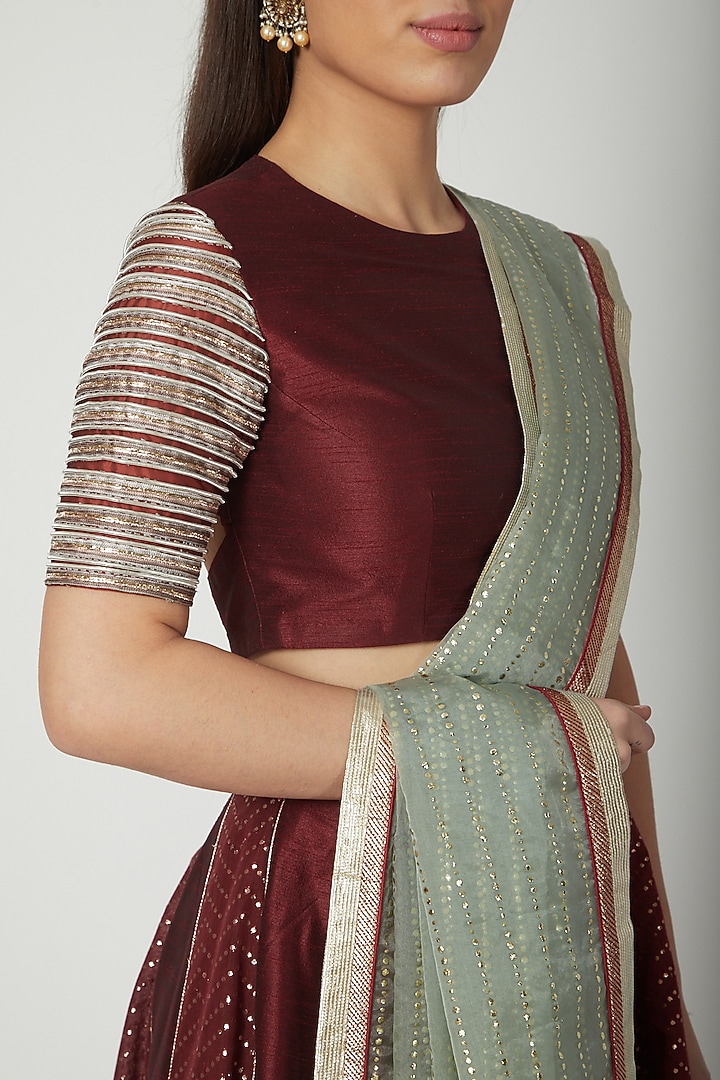Wine Embroidered Wedding Lehenga Set by Breathe By Aakanksha Singh at Pernia's Pop Up Shop