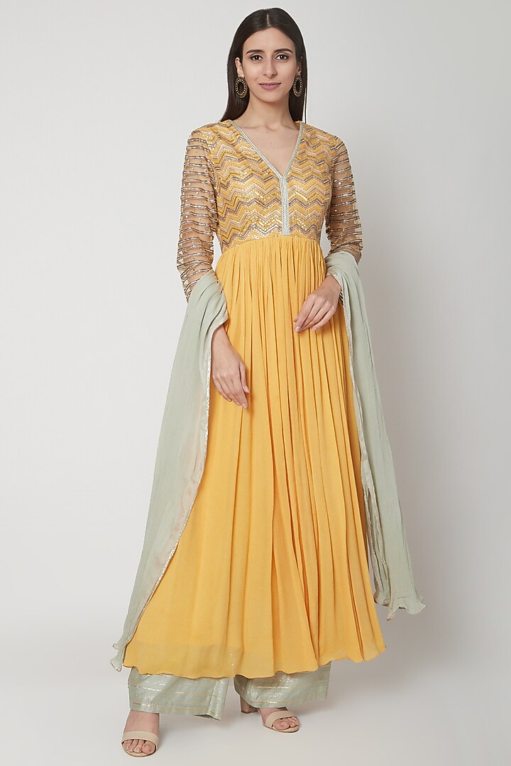 Yellow & Powder Blue Embroidered Kurta Set by Breathe By Aakanksha Singh at Pernia's Pop Up Shop