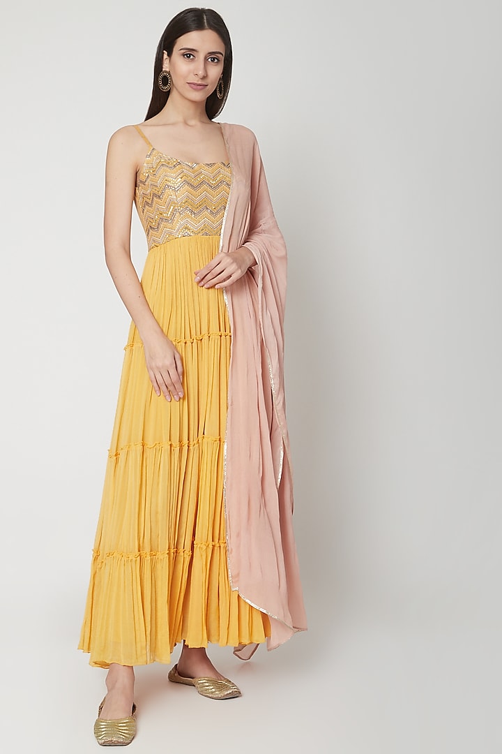 Yellow Embroidered Anarkali Set by Breathe By Aakanksha Singh