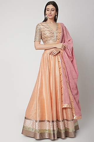 Orange Raw Silk Zardosi Embroidered Lehenga Set by Breathe By Aakanksha Singh