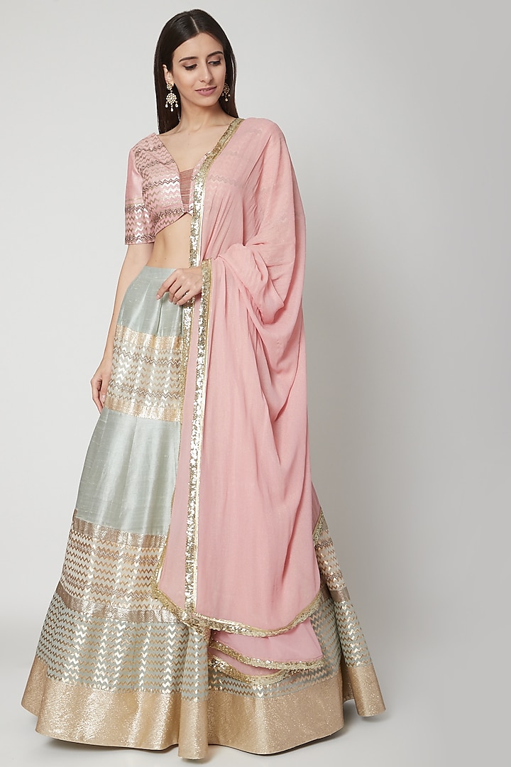 Bright Pink & Powder Blue Embroidered Lehenga Set by Breathe By Aakanksha Singh