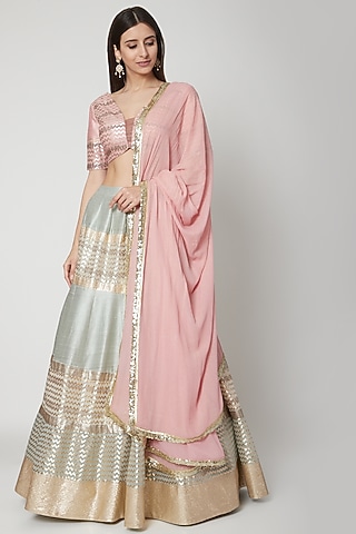 Bright Pink & Powder Blue Embroidered Lehenga Set by Breathe By Aakanksha Singh