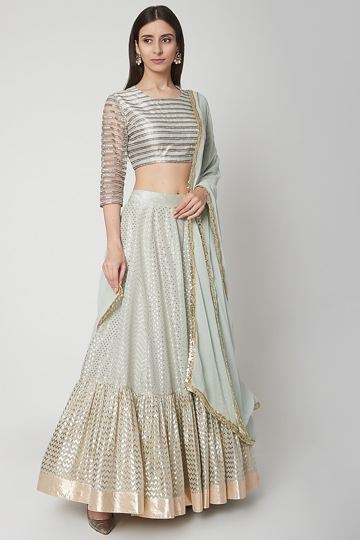Powder Blue Brocade Chanderi Zardosi Embroidered Tiered Wedding Lehenga Set by Breathe By Aakanksha Singh at Pernia's Pop Up Shop