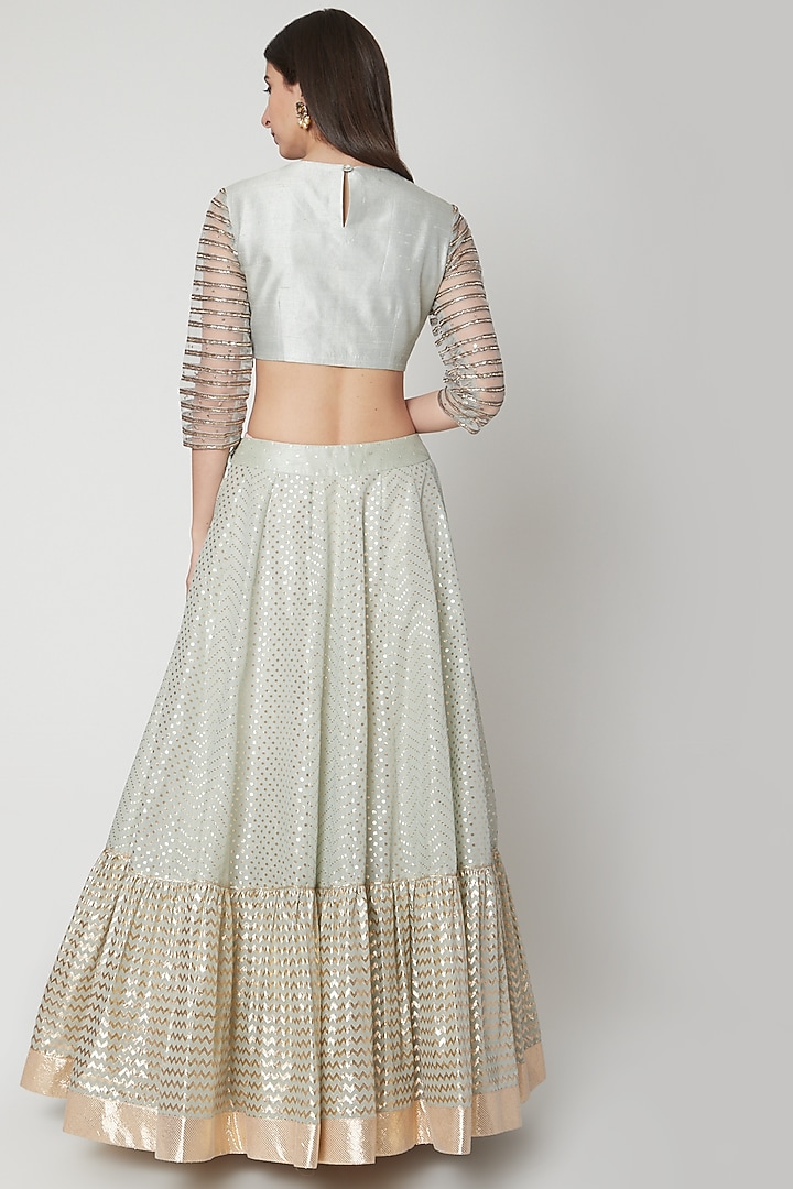Powder Blue Brocade Chanderi Zardosi Embroidered Tiered Wedding Lehenga Set by Breathe By Aakanksha Singh at Pernia's Pop Up Shop