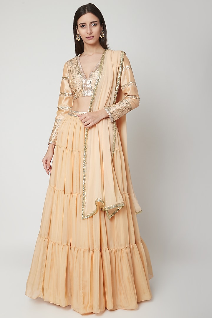 Nude Flat Chiffon Tiered Wedding Lehenga Set by Breathe By Aakanksha Singh at Pernia's Pop Up Shop