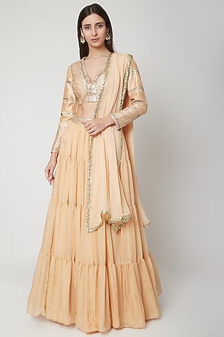 Nude Flat Chiffon Tiered Lehenga Set by Breathe By Aakanksha Singh