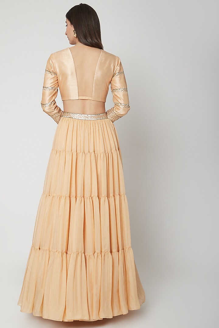 Nude Flat Chiffon Tiered Wedding Lehenga Set by Breathe By Aakanksha Singh at Pernia's Pop Up Shop