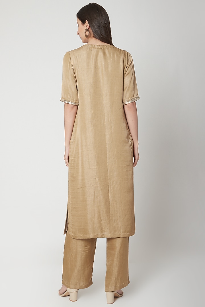 Dark Beige Embroidered Kurta With Pants by Breathe By Aakanksha Singh at Pernia's Pop Up Shop