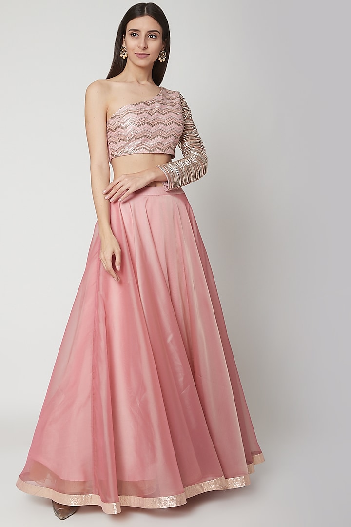 Rose Pink Embroidered Blouse With Lehenga by Breathe By Aakanksha Singh