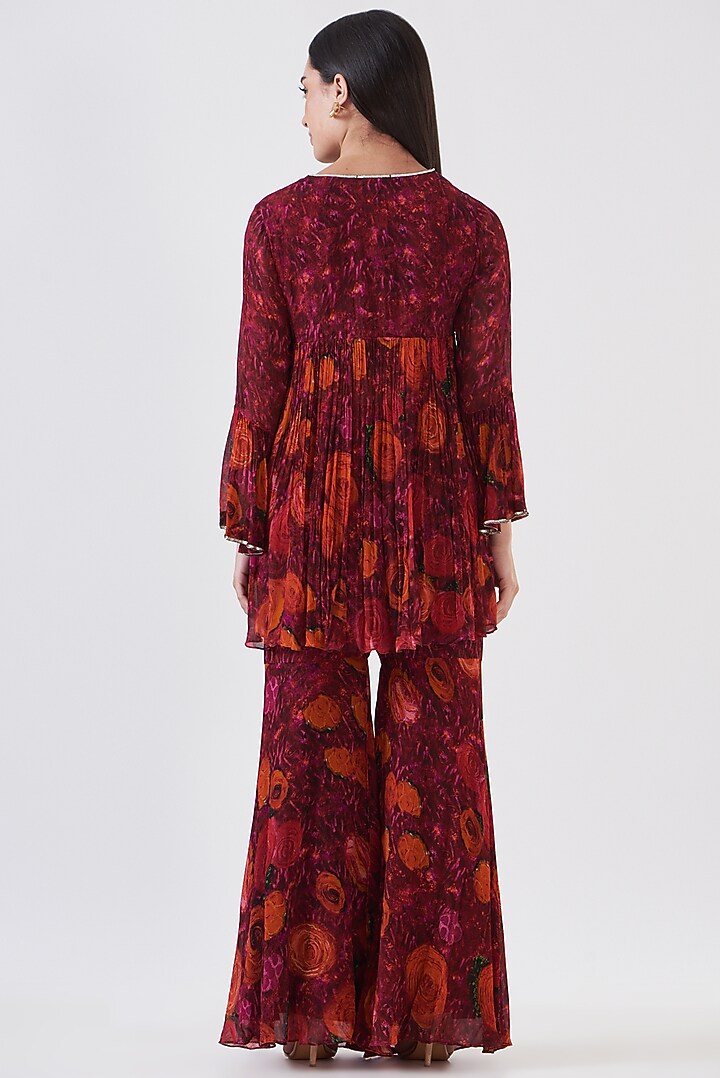 Wine Chinon Handpainted Party Wear Sharara Set by Breathe By Aakanksha Singh at Pernia's Pop Up Shop