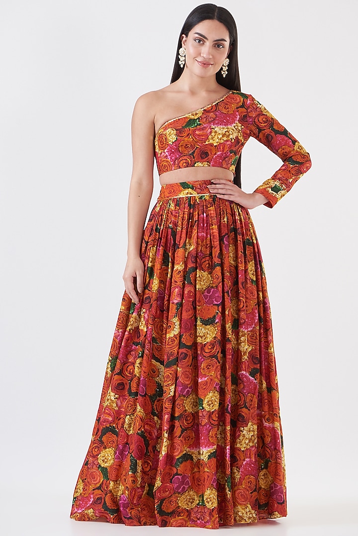 Multi-Colored Upada Silk Floral Printed Skirt Set by Breathe By Aakanksha Singh