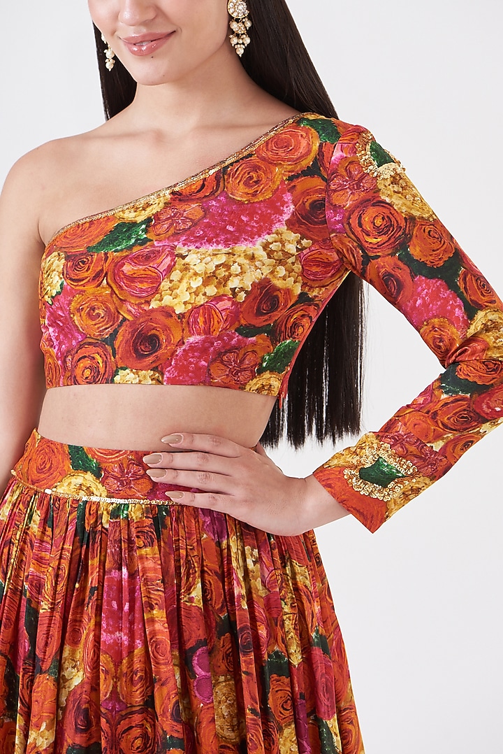 Multi-Colored Upada Silk Floral Printed Skirt Set by Breathe By Aakanksha Singh at Pernia's Pop Up Shop