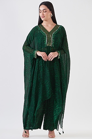 Grass Green Chinon & Shimmer Georgette Printed Kaftan Set by Breathe By Aakanksha Singh