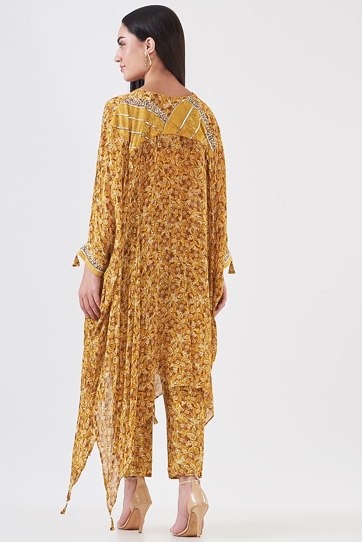 Mustard Shimmer Georgette Hand Painted Kaftan Set by Breathe By Aakanksha Singh at Pernia's Pop Up Shop