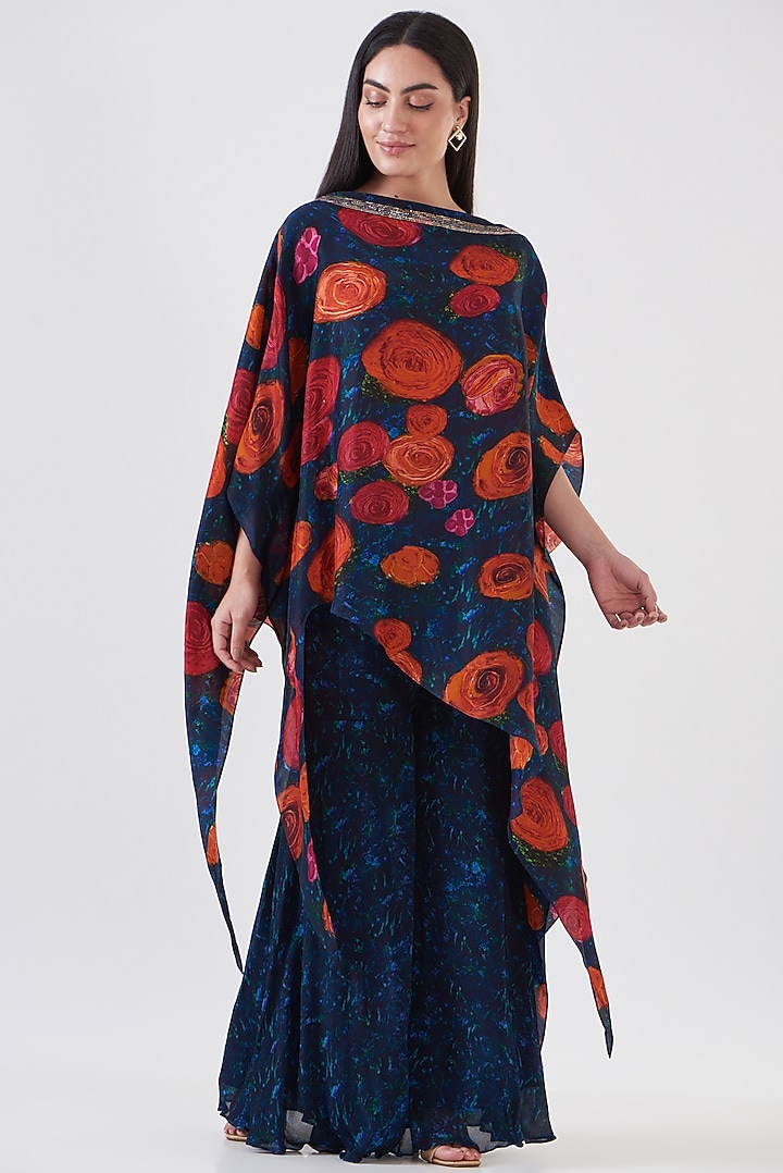 Navy Blue Chinon Tiered Party Wear Sharara Set by Breathe By Aakanksha Singh at Pernia's Pop Up Shop