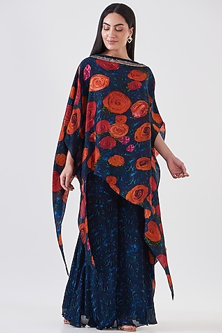 Navy Blue Chinon Tiered Sharara Set by Breathe By Aakanksha Singh