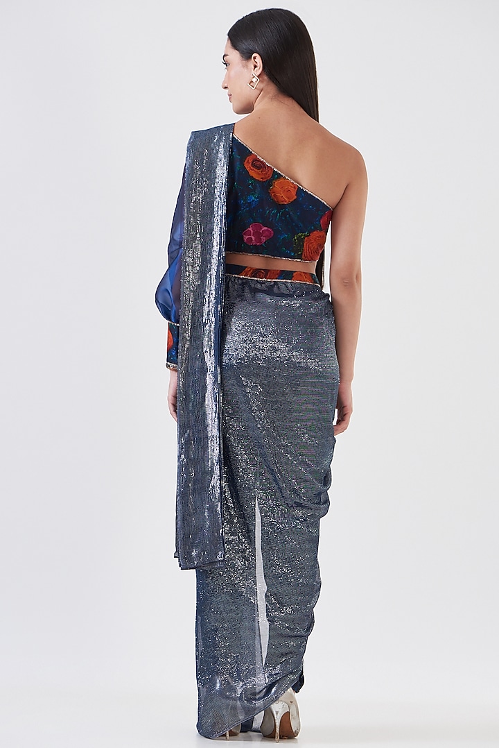 Navy Blue Upada Silk Draped Pant Party Wear Saree Set by Breathe By Aakanksha Singh at Pernia's Pop Up Shop