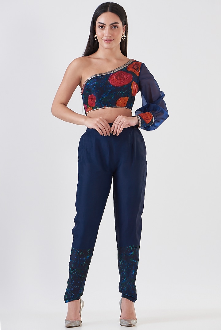 Navy Blue Upada Silk Draped Pant Party Wear Saree Set by Breathe By Aakanksha Singh at Pernia's Pop Up Shop