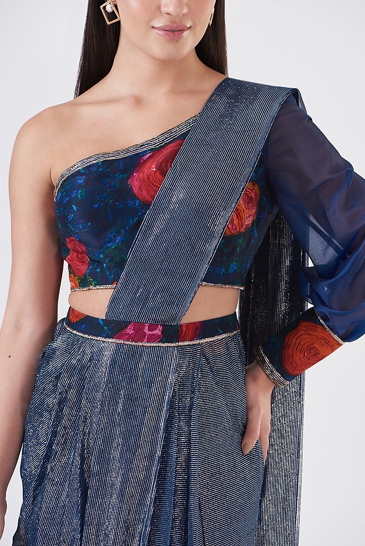 Navy Blue Upada Silk Draped Pant Party Wear Saree Set by Breathe By Aakanksha Singh at Pernia's Pop Up Shop