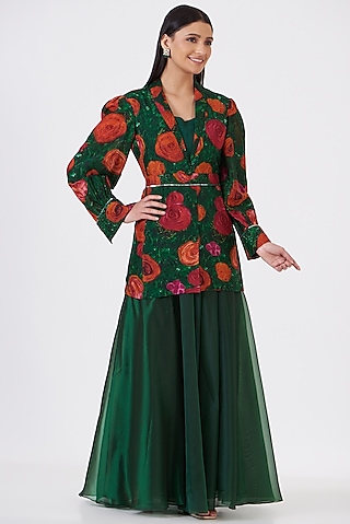 Green Upada Silk Floral Hand Painted Jacket Set by Breathe By Aakanksha Singh